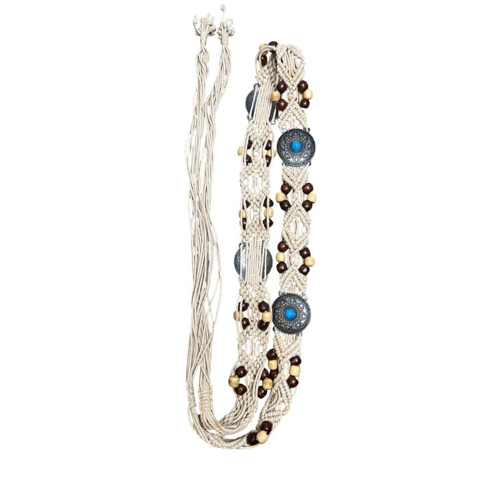 Boho Tribal Woven Rope Belt w/ Faux Turquoise & Beads Beachy Bohemian Style 78'' - Picture 2 of 6